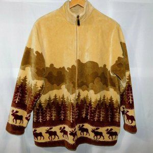 VTG Cityscape Hi-Pile Mens (Unisex) L Full Zip Fleece Tan Maroon Moose Jacket